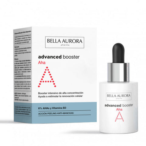Bella Aurora Advanced Booster AHA serum in a 30ml bottle, featuring a sleek design from Jag Couture London - New York.