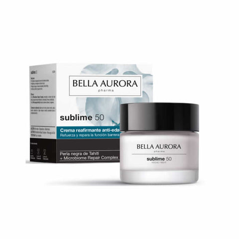 Bella Aurora Sublime 50 Night Cream in a 50ml jar, showcasing its elegant packaging and creamy texture for nighttime skincare.
