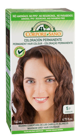 Jag Couture London - New York Corpore Tinte 5.7 Chocolate hair dye in 140ml bio packaging, showing the product bottle with chocolate-colored dye.