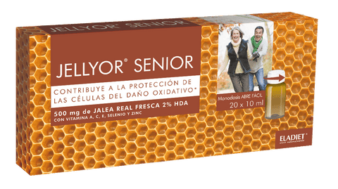 Eladiet Jellyor Senior 20 ampoules in a box, dietary supplement by Jag Couture London New York, with colorful packaging and ampoules.