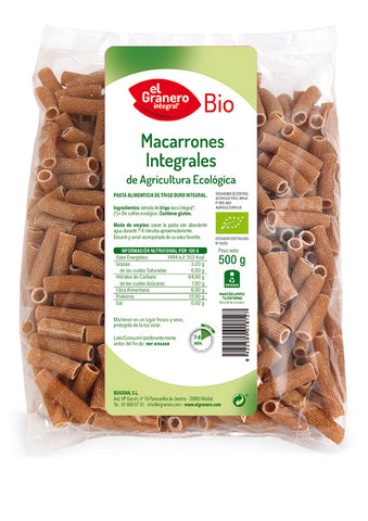 Organic whole wheat macaroni from Jag Couture London - New York, 500g package, showing the pasta's shape and packaging design.