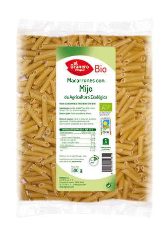 Organic Granero Macarrones with Mijo in 500g pack by Jag Couture London New York, featuring a close-up of the pasta product.