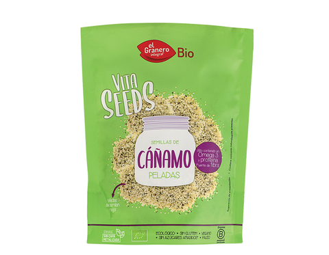 Organic peeled hemp seeds in a 200g package from Jag Couture London - New York, showing the seeds and packaging.