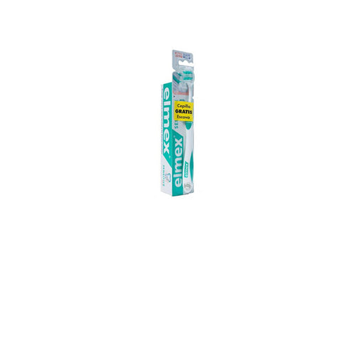 Elmex Sensitive Plus toothpaste 75ml with Jag Couture London toothbrush, showing the toothpaste tube and toothbrush on a white background.