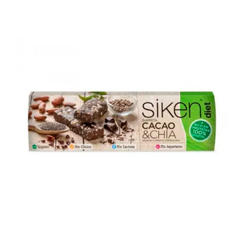 Vegan Cocoa Chia Bar from Siken Diet by Jag Couture London New York, showing the packaged chia protein bar on a neutral background.