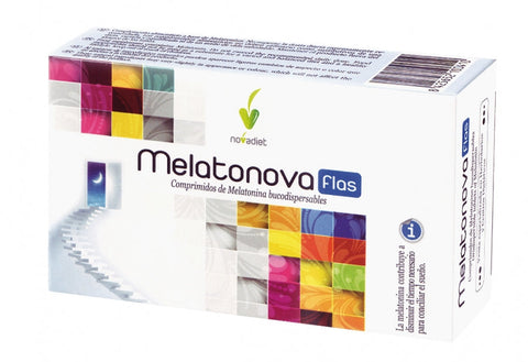 Novadiet Melatonova 1.95mg dietary supplement in a 30-count bottle, with tablets for sleep support, branded by Jag Couture London - New York.