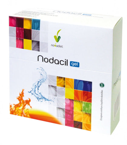 Novadiet Nodacil gel in 15ml sachets, shown in individual packaging, for soothing oral or throat discomfort.