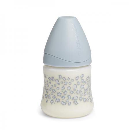 Jag Couture London baby bottle with Suavinex 3-position nipple, 150ml, suitable for 0 months, featuring a clear design and ergonomic shape.