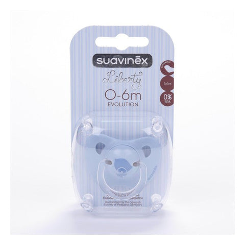 Blue Suavinex Evolution latex baby soother with anatomical shape, designed for comfort and safety for infants.