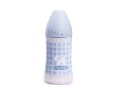 Blue Suavinex Phys bib for 0-6 months, 270ml baby bottle with silicone nipple, from Jag Couture London - New York.