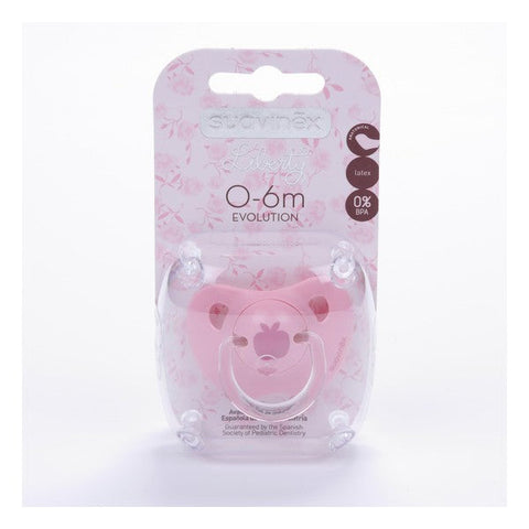 Latex orthodontic pacifier for 0-6 months, Suavinex Evolution Tetina, designed for infant comfort and safety.