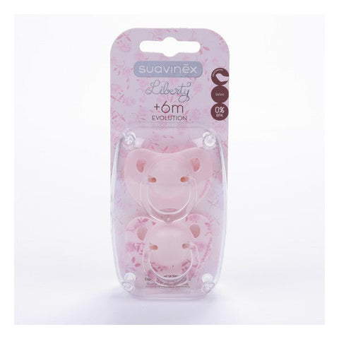 Pink Suavinex™ Vintage Evolution latex baby pacifier with anatomical teat for 6-month-olds, shown with two units.