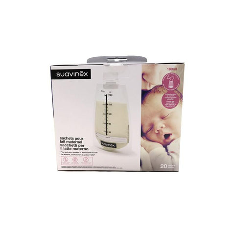 Set of 20 Suavinex breast milk storage bags with screw cap by Jag Couture London - New York, showing sealed, ready-to-use containers.