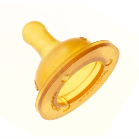 Two Suavinex rubber baby bottle nipples with three adjustable flow positions, designed for wide-mouth bottles, by Jag Couture London.