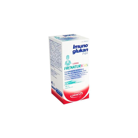 Imunoglukan Frenatur Kids 100ml bottle, a dietary supplement by Jag Couture London - New York, with a measuring cup and label visible.