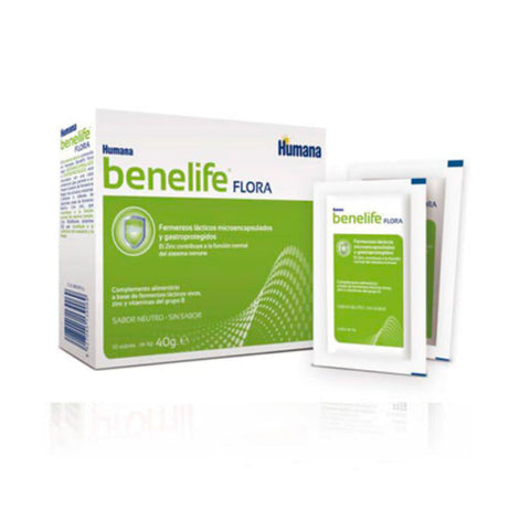 Humana Benelife Flora probiotic sachets by Jag Couture London featuring 10 individual sachets, shown in the product image.