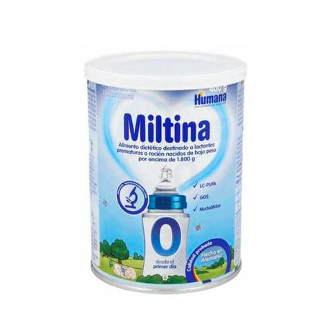 Humana Miltina 0 infant formula in 400g jar, displayed with nutritional information and packaging details.