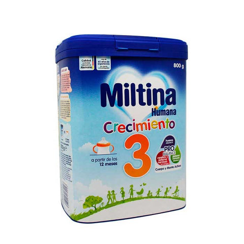 Humana Miltina 3 Probalance infant formula can with 800g of powdered milk, featuring packaging with branding and product details.