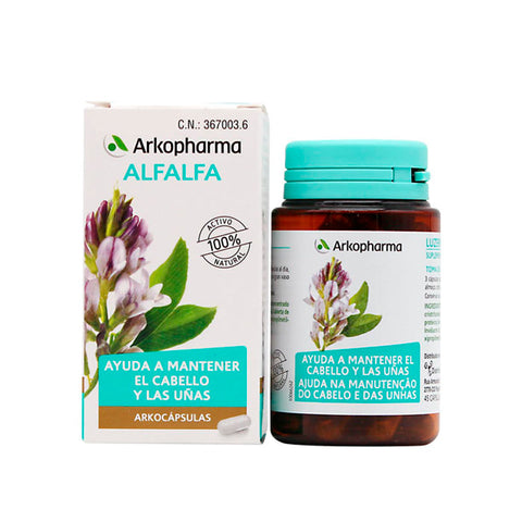Arkopharma Arkocápsulas Alfalfa 310mg capsules in a bottle, showing the herbal supplement's label and capsules inside.