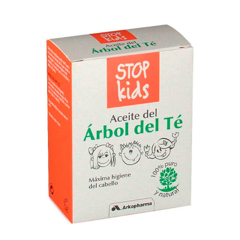 Arkopharma Stop Kids Tea Tree Oil bottle, 15ml, with natural tea tree oil for children, displayed on a clean background.