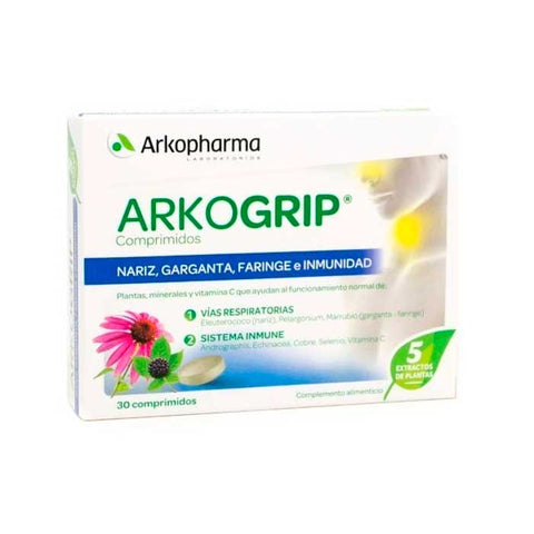 Arkopharma Arkogrip 30 tablets box, natural herbal cold remedy, with tablets and packaging visible.