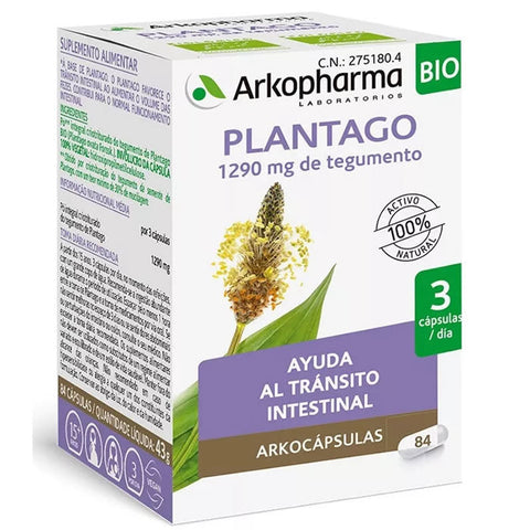 Arkopharma Plantago Arkocapsulas 84 capsules, herbal supplement in yellow capsule bottles, displayed on a white background