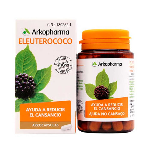 Arkopharma Arkocápsulas Eleutherococcus supplement in 45 capsules, featuring natural herbal extract for energy and vitality.