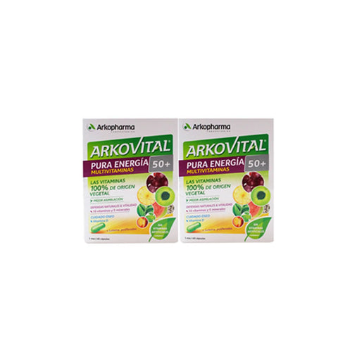 Arkopharma Arkovital Pure Energy Senior 50+ dietary supplement capsules, showing two bottles with capsules inside.