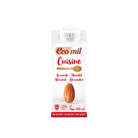 Almond-based Nutriops Ecomil Cuisine Almond Nature 200ml carton, natural almond beverage for cooking and drinks.