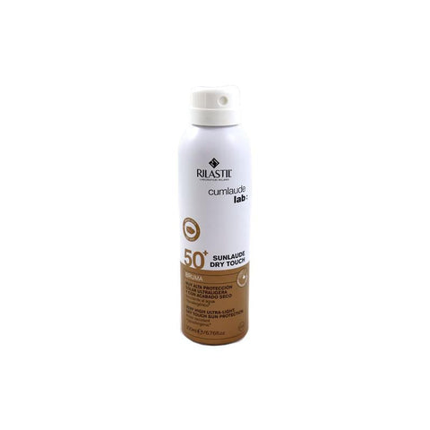 Bottle of Rilastil Sunlaude SPF 50 Dry Touch sunscreen by Jag Couture London - New York, with a sleek packaging and pump dispenser.