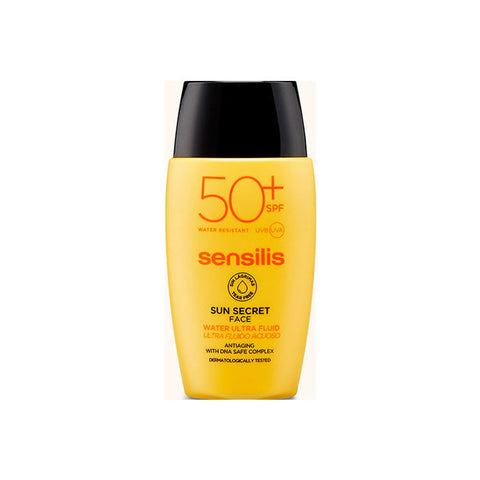 Sensilis Sun Secret Ultralight Water Fluid SPF50+ in 40ml bottle, lightweight sunscreen with high sun protection from Jag Couture London.