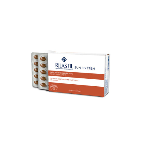 Rilastil Sun System food supplement capsules by Jag Couture London - New York, showing three blister packs with 30 capsules each.