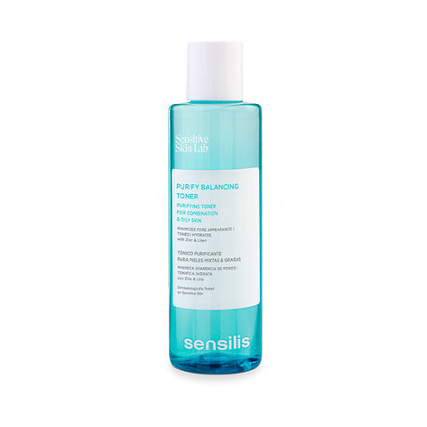 Sensilis Purify Balancing Toner in 200ml bottle, with clear liquid and white cap, designed for skincare and pore balancing.