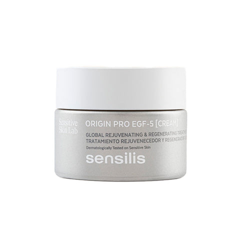 Sensilis Origin Pro EGF 5 Cream in 50ml jar, skincare product with anti-aging formula, displayed with open lid and cream inside.
