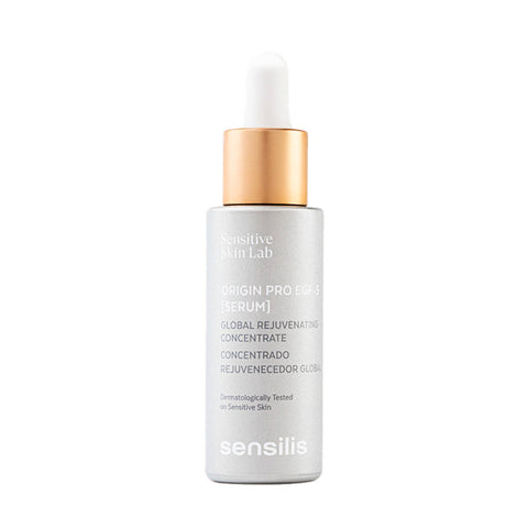 Bottle of Sensilis Origin Pro Egf 5 Serum, a 30ml skincare product from Jag Couture London - New York, with clear labeling and packaging.