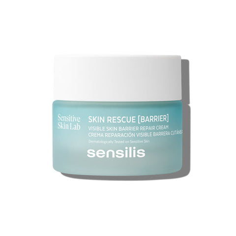 Sensilis Skin Rescue Barrier Repair Cream in 50ml jar, featuring smooth texture and white packaging with blue accents.