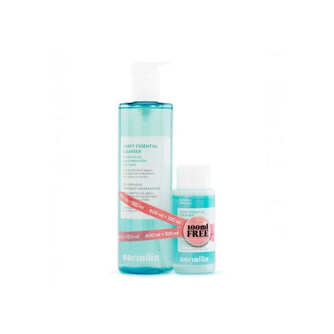 Two bottles of Sensilis Purify Essential Cleansing Gel, 400ml each, shown in clear packaging with blue and white labels.