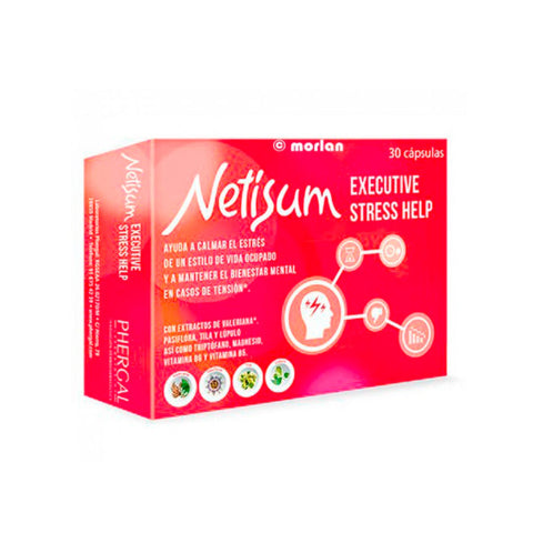 Jag Couture London Executive Stress Help capsules by Netisum, 30-count, with a close-up of the product bottle and capsules.