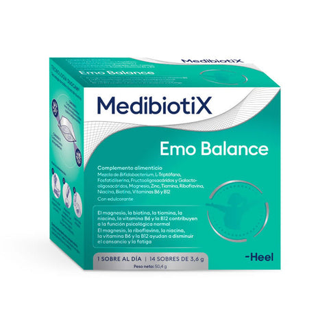 Jag Couture London Heel Medibiotix Emo Balance 14 sachets in packaging, featuring health supplement sachets for emotional well-being.