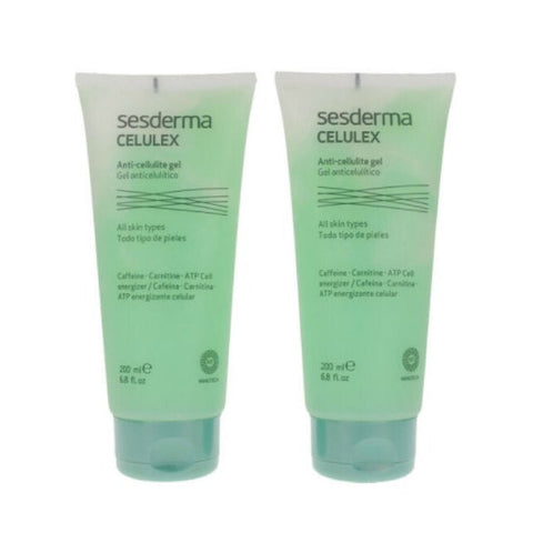 Sesderma Celulex anti-cellulite gel bottles, 2x200ml, in a sleek packaging with a focus on skincare and cellulite reduction.