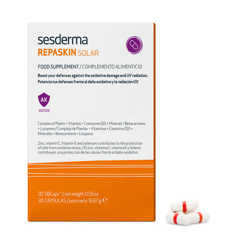Sesderma Repaskin capsules in a jar, dietary supplement by Jag Couture London New York, with a focus on the product packaging.
