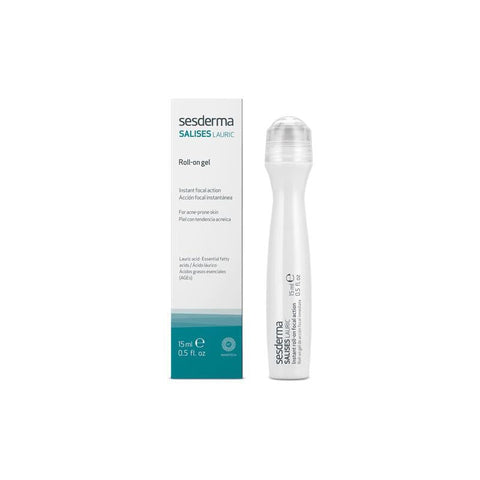 Sesderma Salises Roll-On Focal Acción 15ml, clear gel in a small white and blue roll-on container for acne treatment.