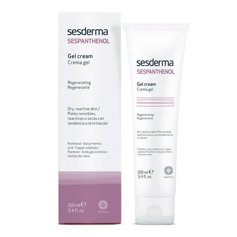 Sesderma Sespanthenol crema gel for women, 100ml, in a jar with a white and blue label, shown on a plain background.