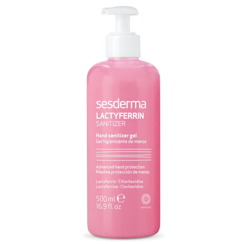 Sesderma Lactyferrin Hygienising Gel 500ml with pump dispenser, clear gel formula for skin hygiene, by Jag Couture London New York.