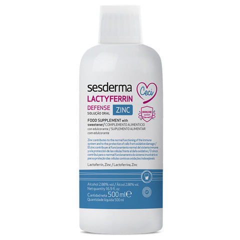 Sesderma Lactyferrin Defense Zinc supplement bottle, 500ml, with label featuring product details and branding.
