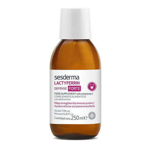 Sesderma Lactyferrin Defense Forte 250ml bottle, a dietary supplement with white liquid inside a clear bottle.
