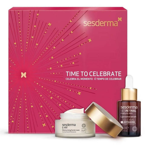 Sesderma Sesretinal Serum and C-Vit Cream set with skincare products in sleek containers, displayed on a neutral background.