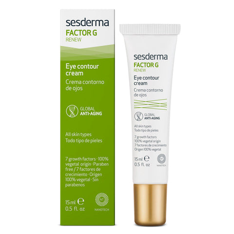 Sesderma Factor G Renew Eye Contour cream in a 15ml tube, designed to reduce puffiness and brighten the eye area.