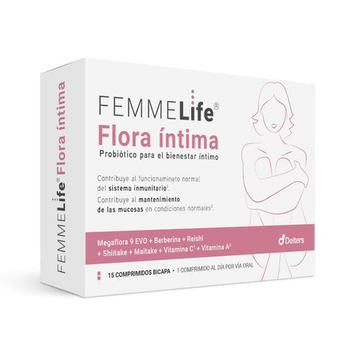 Femmelife Intimate Flora 15 tablets bottle, dietary supplement by Jag Couture London New York, with label and tablets visible.