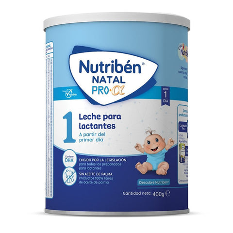 Nutriben Natal baby formula in 400g container by Jag Couture London New York, with a close-up of the product packaging.